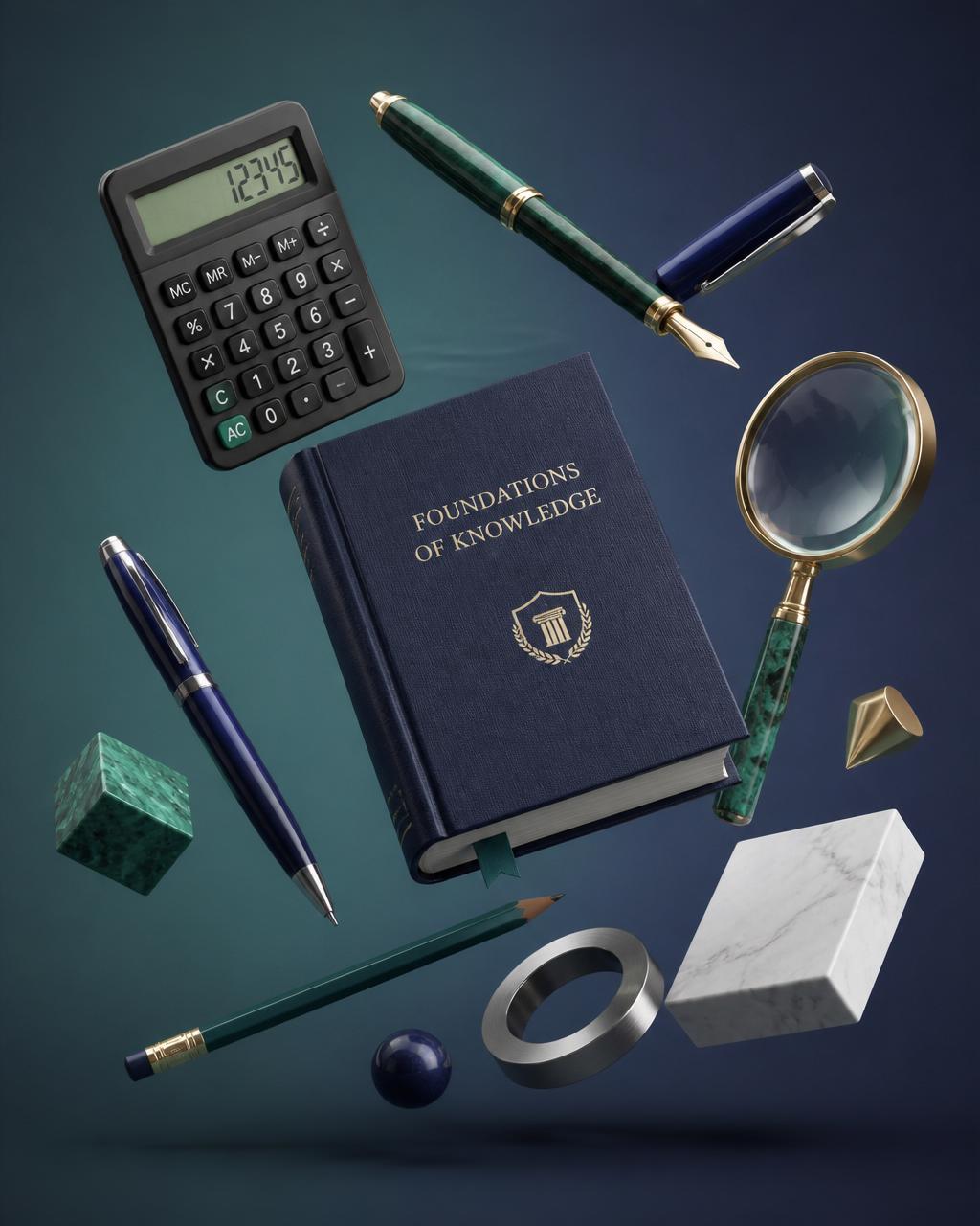 Academic tools — calculator, pens, textbook and magnifying glass